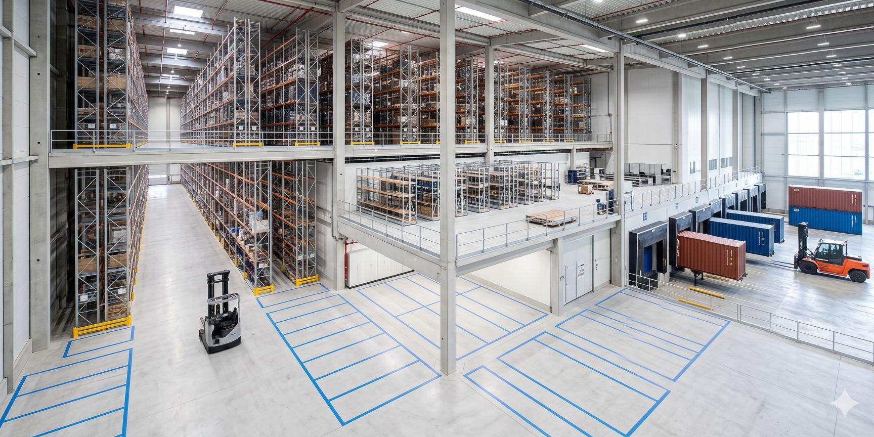 Perspective view of a flexible logistics property with high racks, mezzanine levels and external buffer zones for breathing reserve and process optimization.